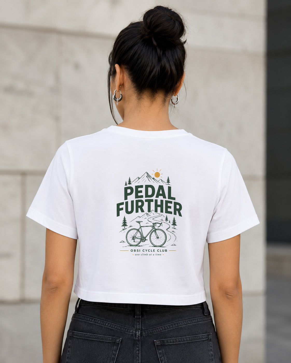 Pedal Further T-Shirt – Frauen Crop Shirt Weiss, Rückenprint