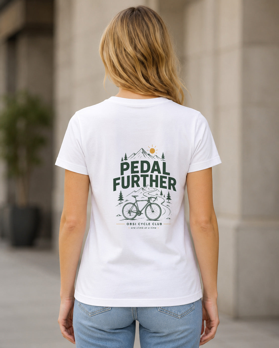 Pedal Further T-Shirt – Frauen Shirt Weiss, Rückenprint