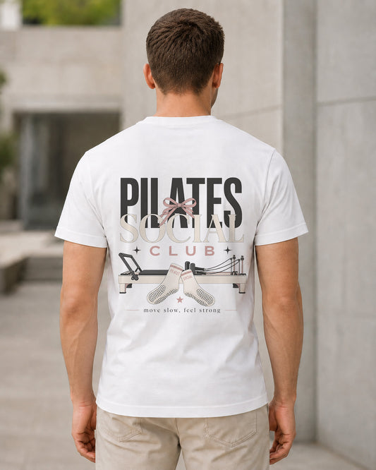Pilates Social Club T-Shirt – Bio-Baumwolle Shirt Weiss, Rückenprint