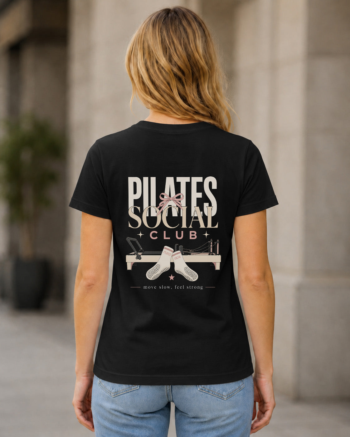 Pilates Social Club T-Shirt – Frauen Shirt Schwarz, Rückenprint