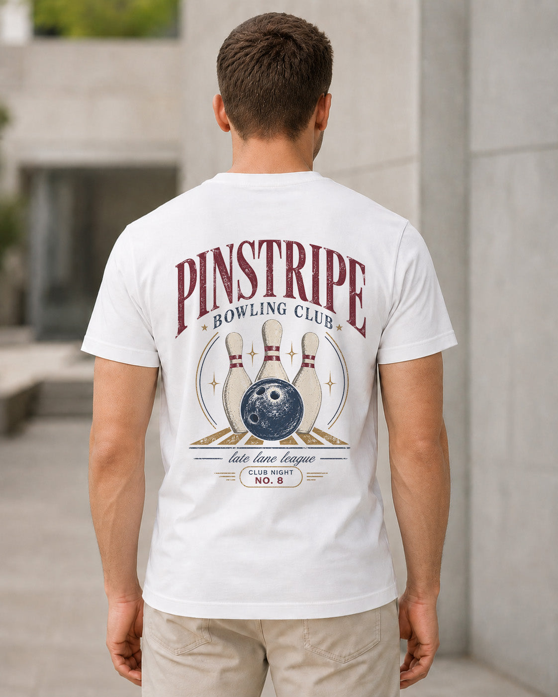 Pinstripe Bowling Club T-Shirt – Bio-Baumwolle Shirt Weiss, Rückenprint