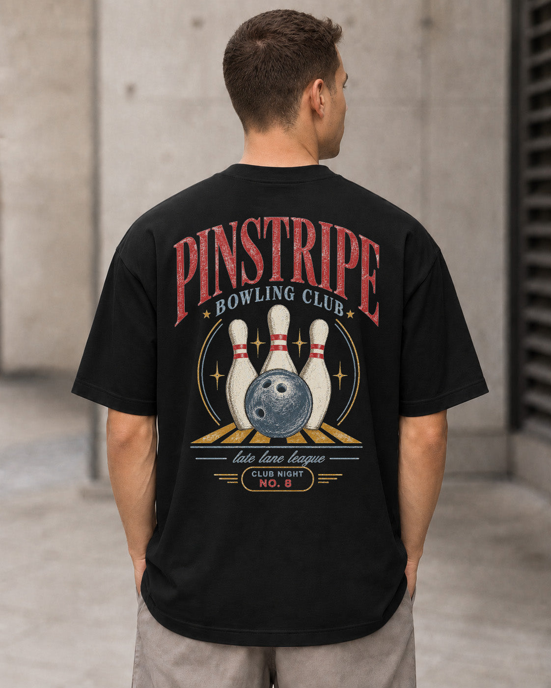 Pinstripe Bowling Club T-Shirt – Heavyweight Oversize Shirt Schwarz, Rückenprint