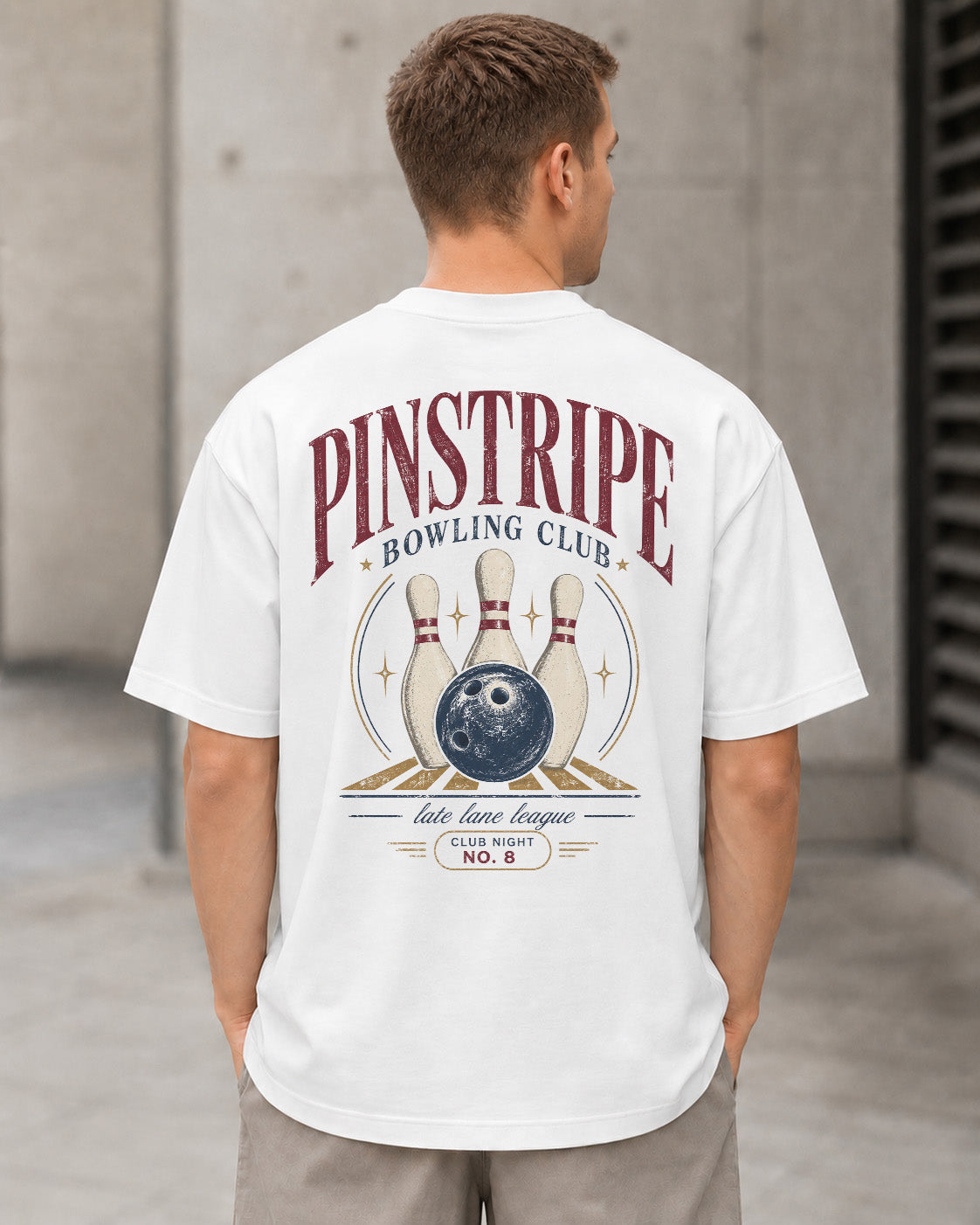 Pinstripe Bowling Club T-Shirt – Heavyweight Oversize Shirt Weiss, Rückenprint