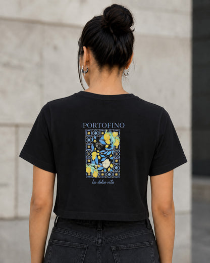 Portofino T-Shirt – Frauen Crop Shirt Schwarz, Rückenprint