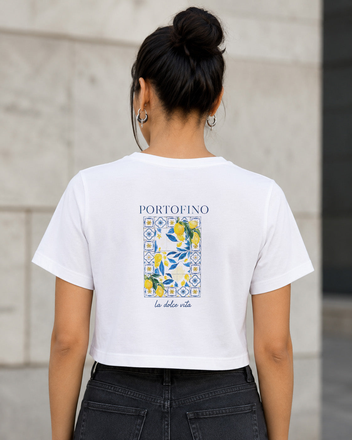 Portofino T-Shirt – Frauen Crop Shirt Weiss, Rückenprint