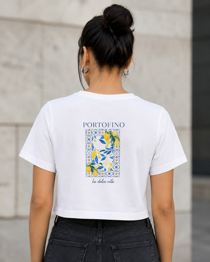 Portofino T-Shirt – Frauen Crop Shirt Weiss, Rückenprint