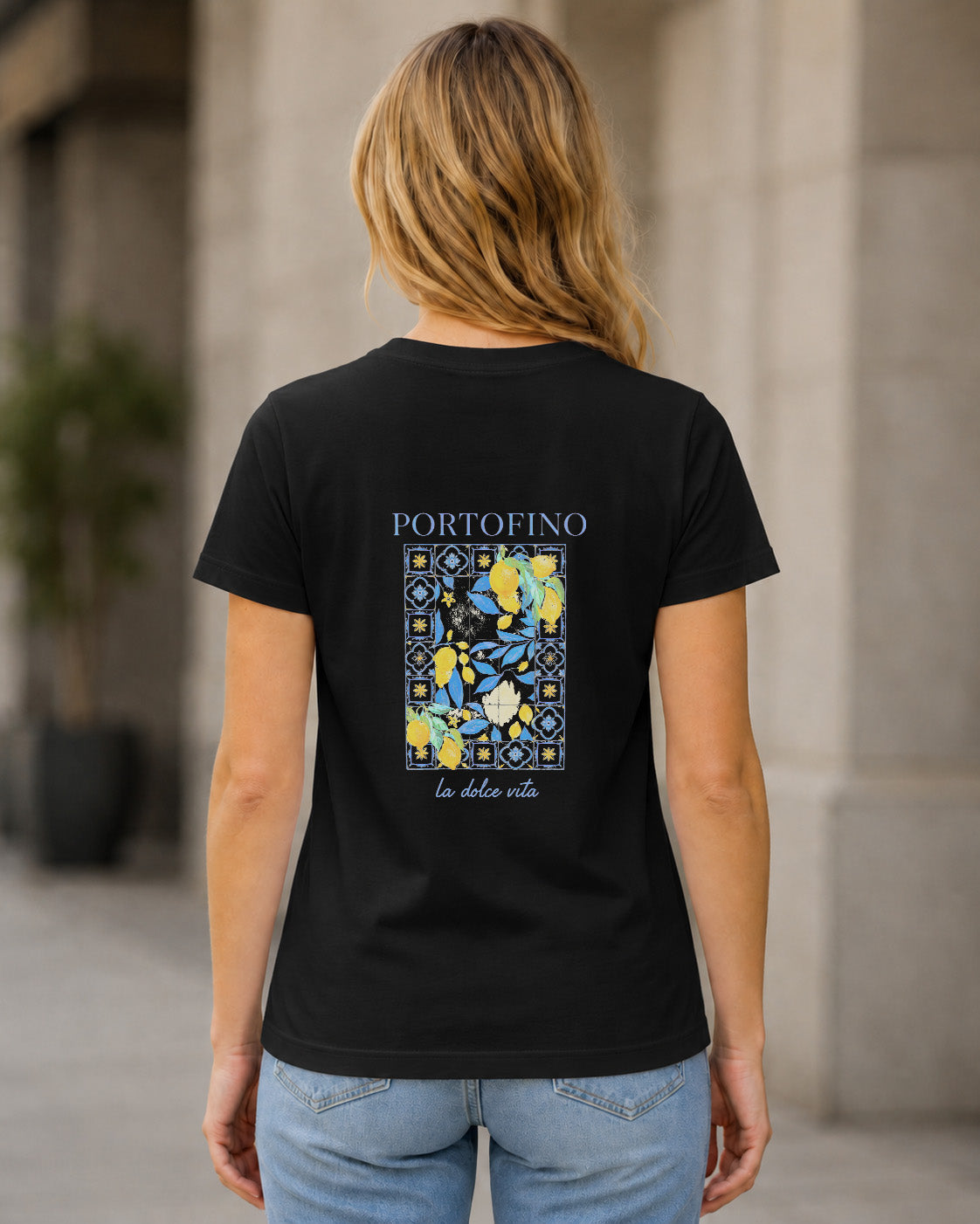 Portofino T-Shirt – Frauen Shirt Schwarz, Rückenprint