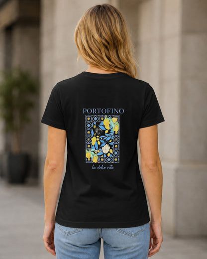 Portofino T-Shirt – Frauen Shirt Schwarz, Rückenprint