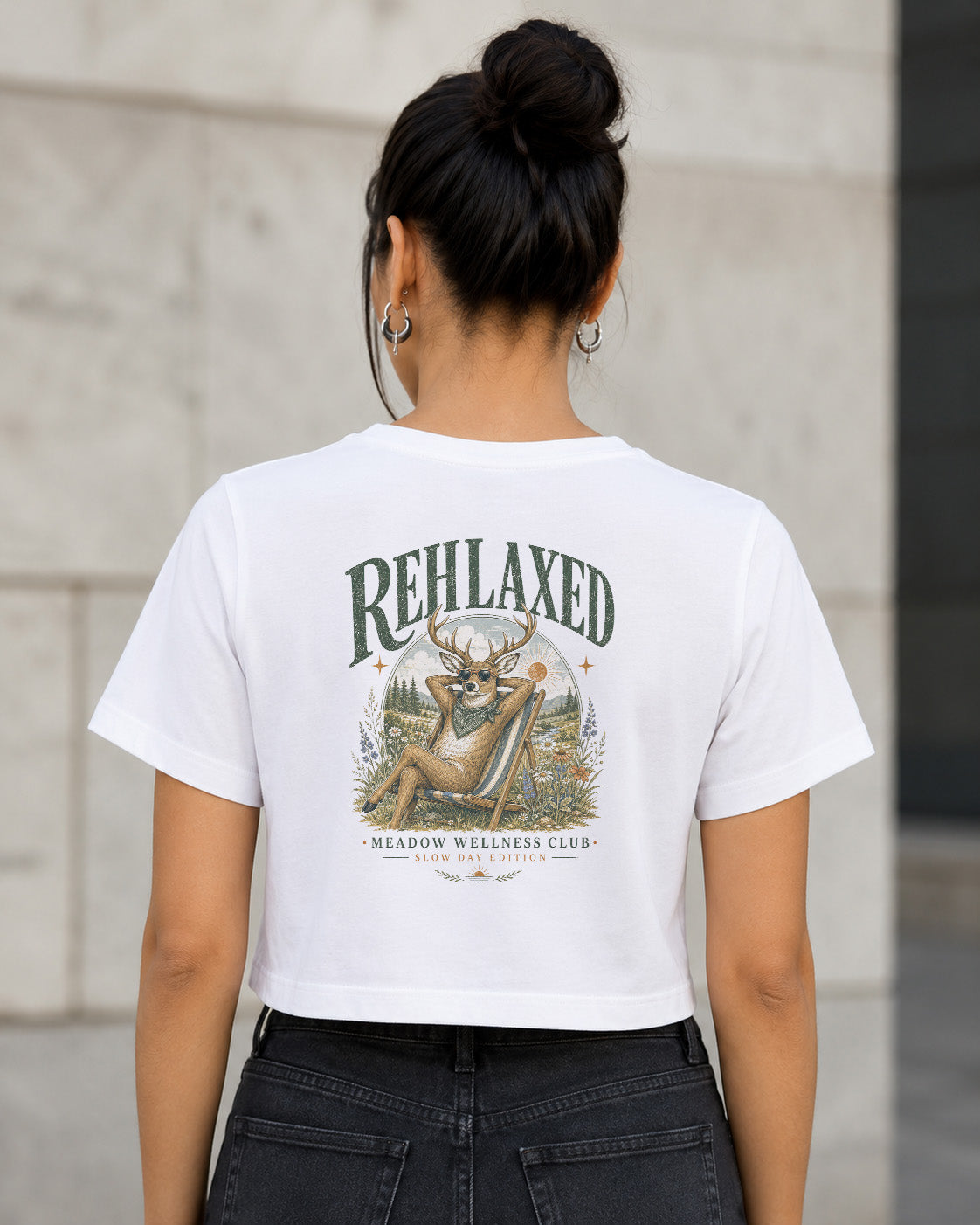Rehlaxed T-Shirt – Frauen Crop Shirt Weiss, Rückenprint
