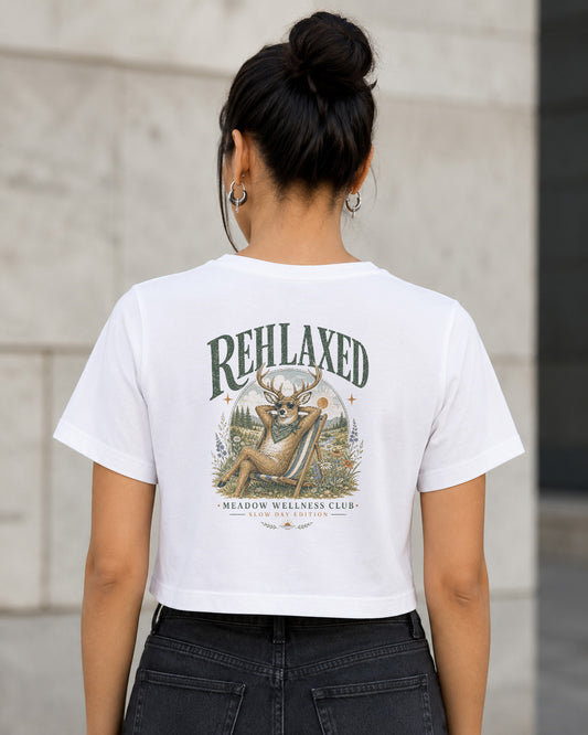 Rehlaxed T-Shirt – Frauen Crop Shirt Weiss, Rückenprint
