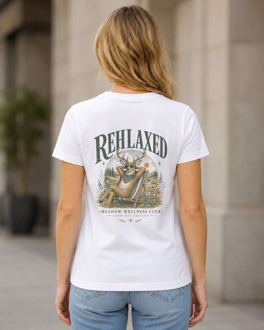 Rehlaxed T-Shirt – Frauen Shirt Weiss, Rückenprint