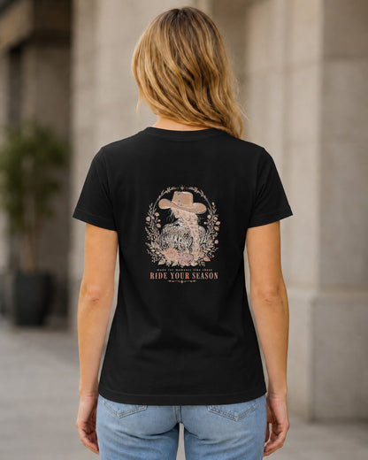 Ride Your Season T-Shirt – Frauen Shirt Schwarz, Rückenprint