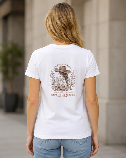 Ride Your Season T-Shirt – Frauen Shirt Weiss, Rückenprint