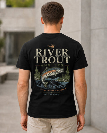 River Trout Anglers T-Shirt – Bio-Baumwolle Shirt Schwarz, Rückenprint