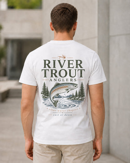 River Trout Anglers T-Shirt – Bio-Baumwolle Shirt Weiss, Rückenprint