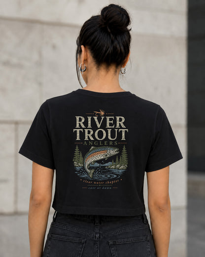 River Trout Anglers T-Shirt – Frauen Crop Shirt Schwarz, Rückenprint