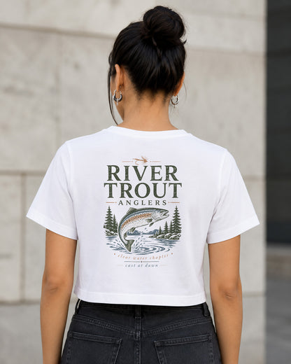 River Trout Anglers T-Shirt – Frauen Crop Shirt Weiss, Rückenprint