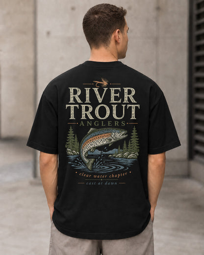River Trout Anglers T-Shirt – Heavyweight Oversize Shirt Schwarz, Rückenprint