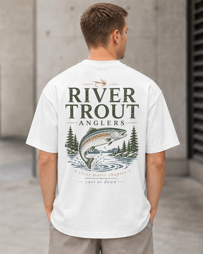 River Trout Anglers T-Shirt – Heavyweight Oversize Shirt Weiss, Rückenprint