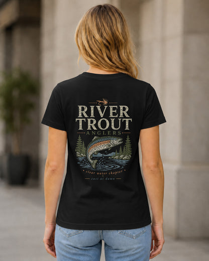 River Trout Anglers T-Shirt – Frauen Shirt Schwarz, Rückenprint