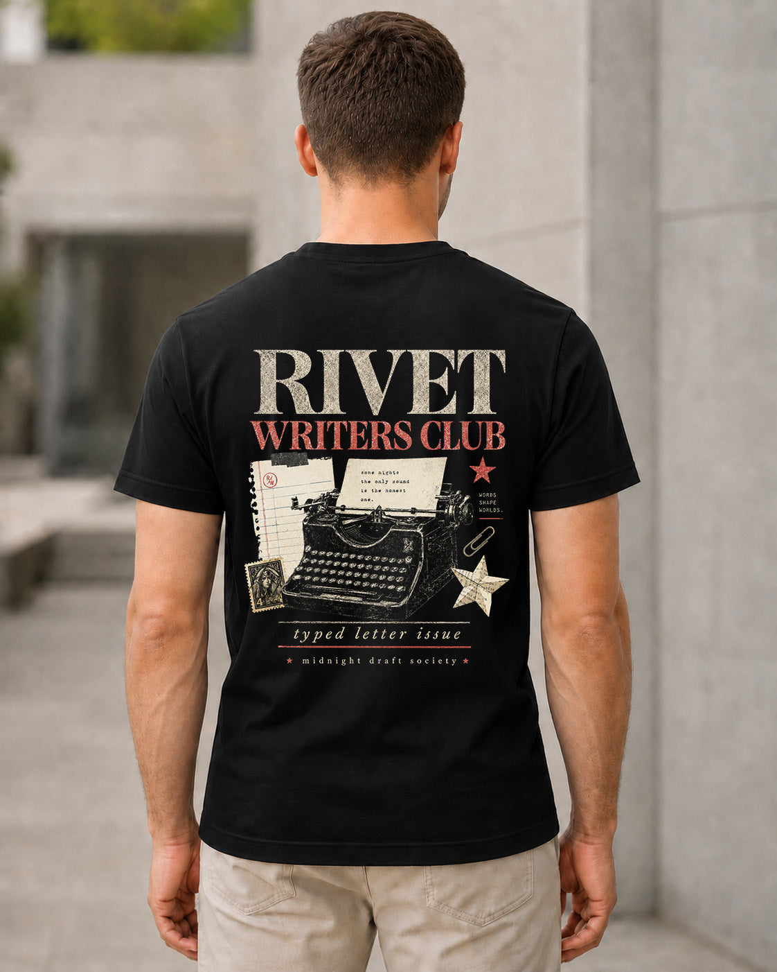 Rivet Writers Club T-Shirt – Bio-Baumwolle Shirt Schwarz, Rückenprint