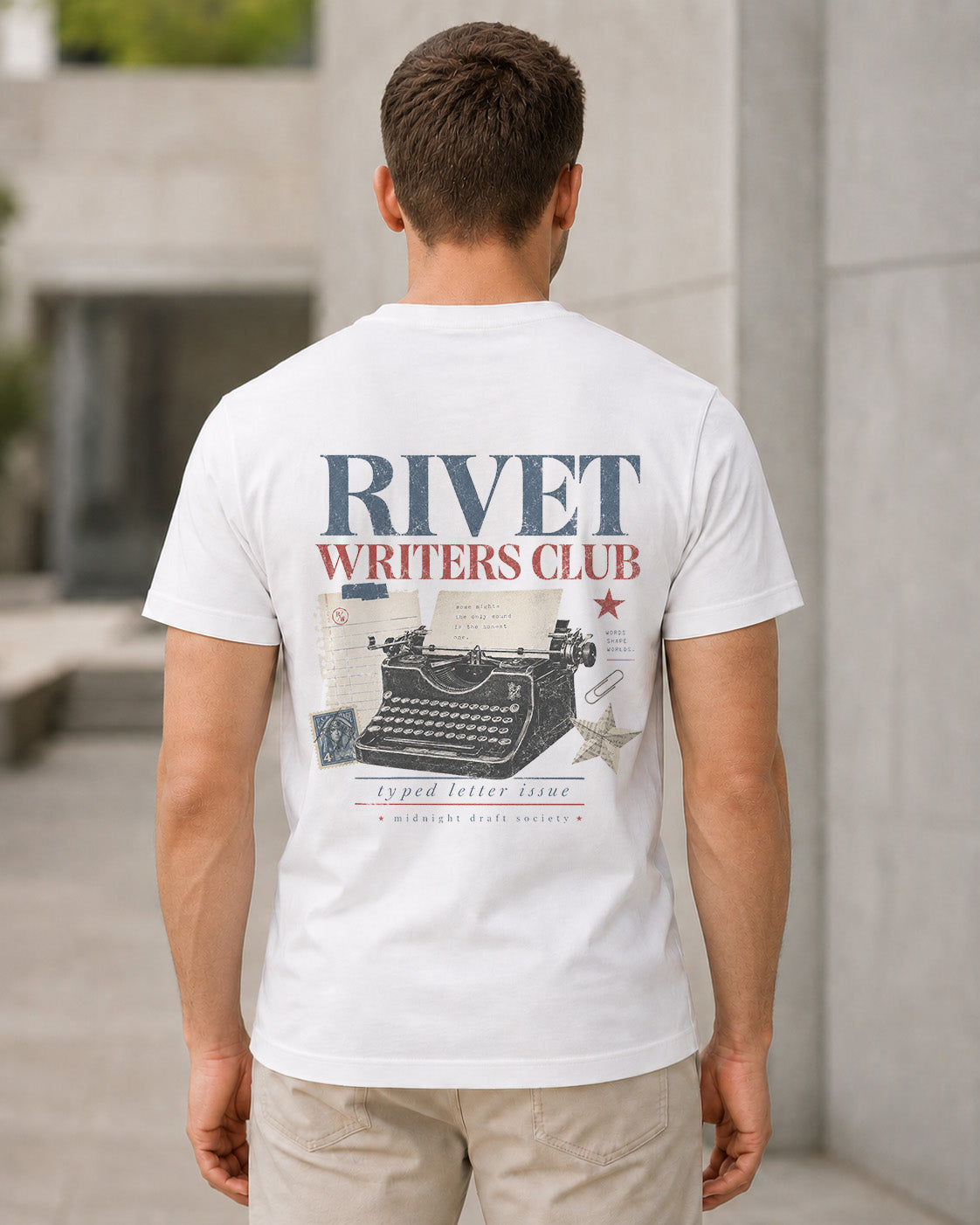 Rivet Writers Club T-Shirt – Bio-Baumwolle Shirt Weiss, Rückenprint