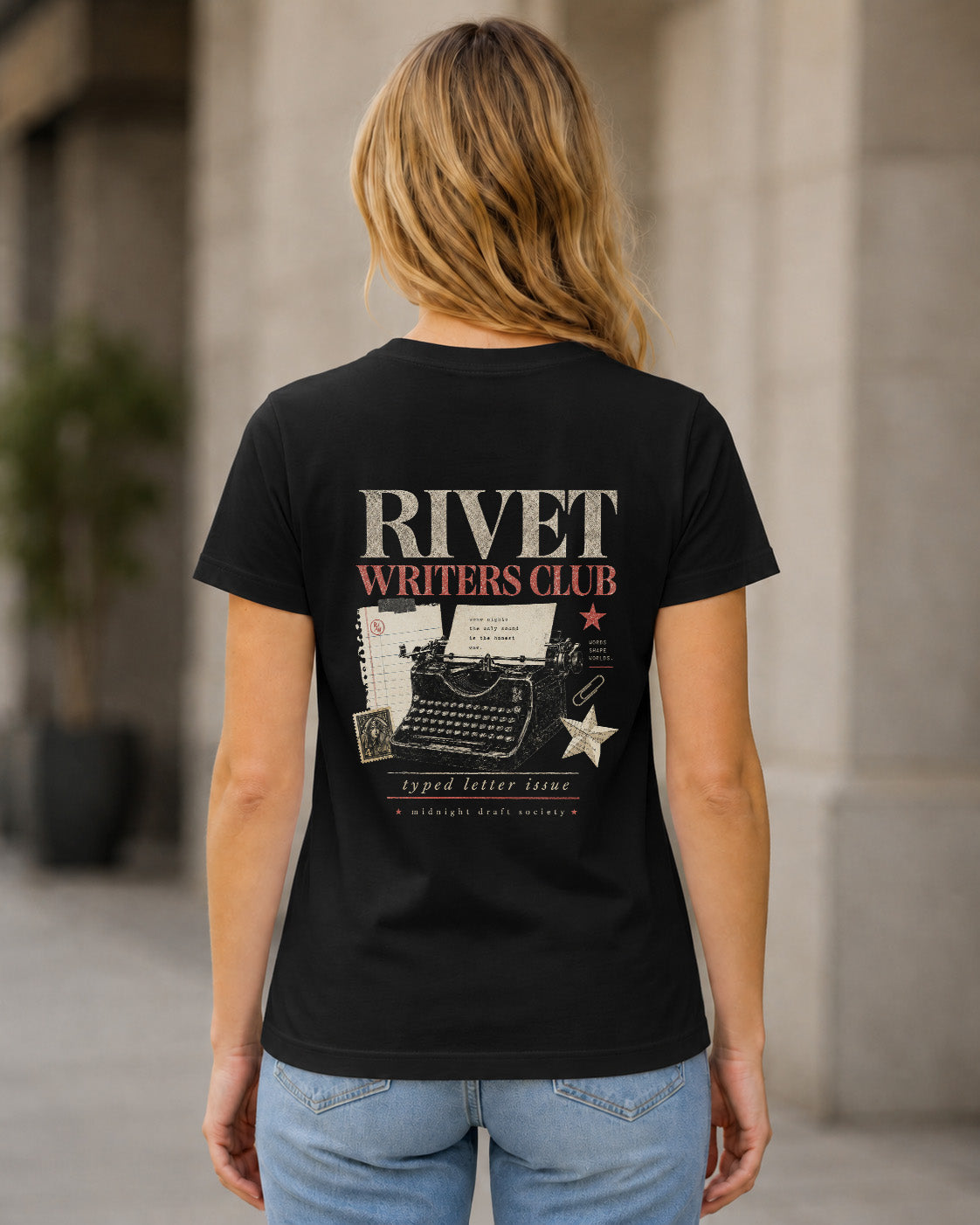 Rivet Writers Club T-Shirt – Frauen Shirt Schwarz, Rückenprint