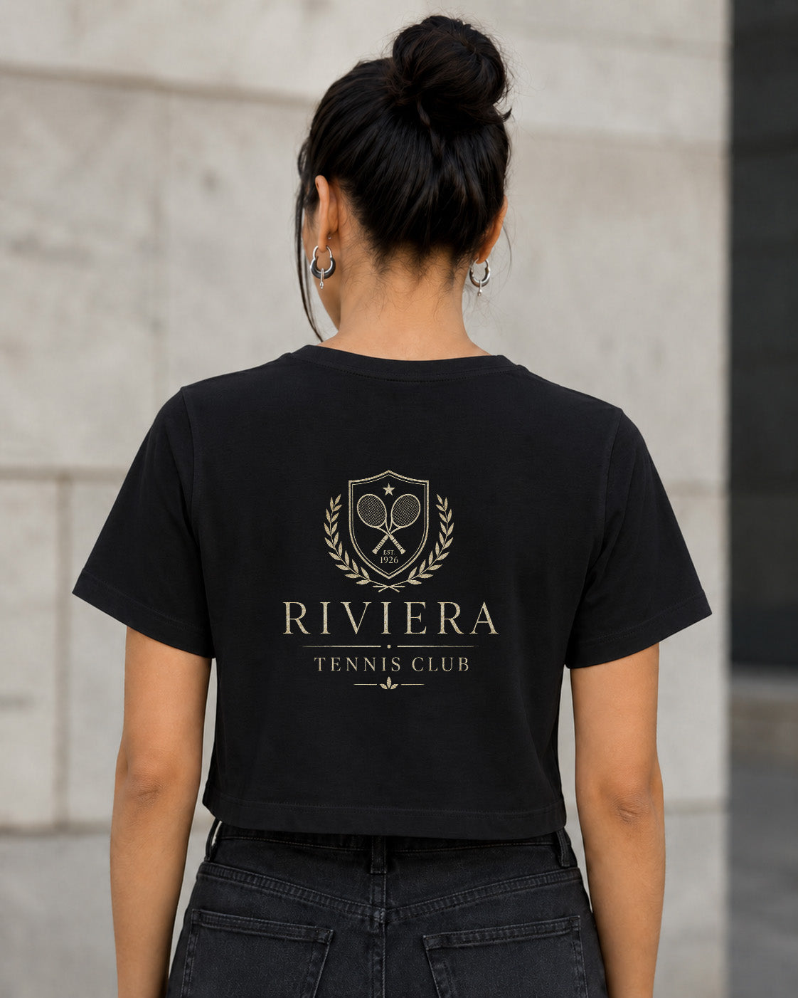 Riviera Tennis Club T-Shirt – Frauen Crop Shirt Schwarz, Rückenprint