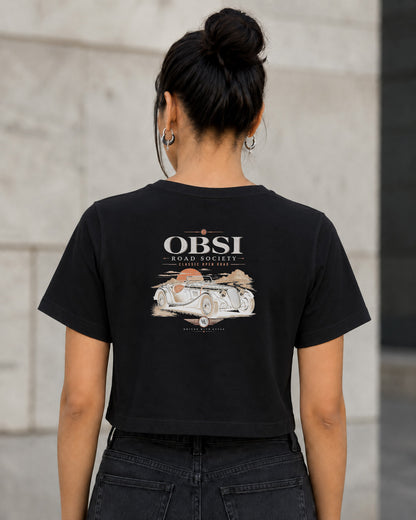 Road Society T-Shirt – Frauen Crop Shirt Schwarz, Rückenprint