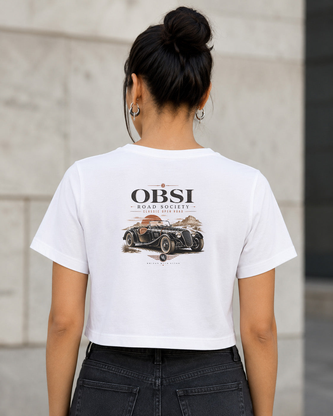 Road Society T-Shirt – Frauen Crop Shirt Weiss, Rückenprint