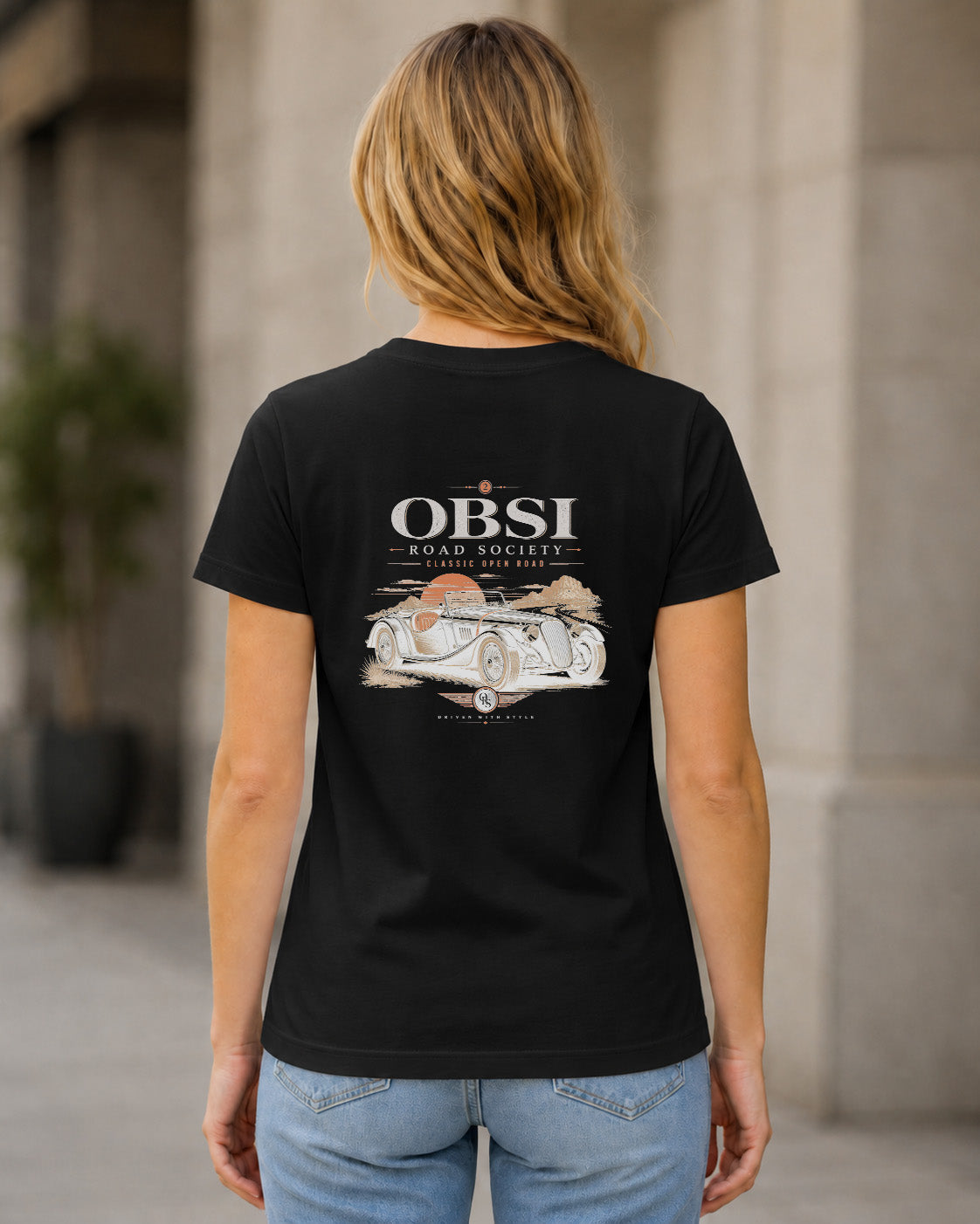 Road Society T-Shirt – Frauen Shirt Schwarz, Rückenprint