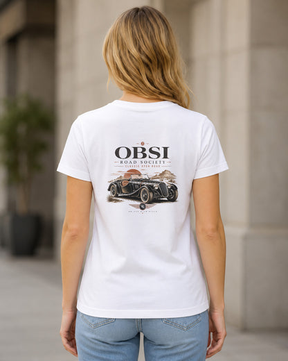 Road Society T-Shirt – Frauen Shirt Weiss, Rückenprint