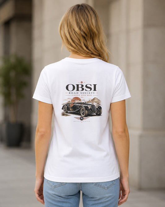 Road Society T-Shirt – Frauen Shirt Weiss, Rückenprint