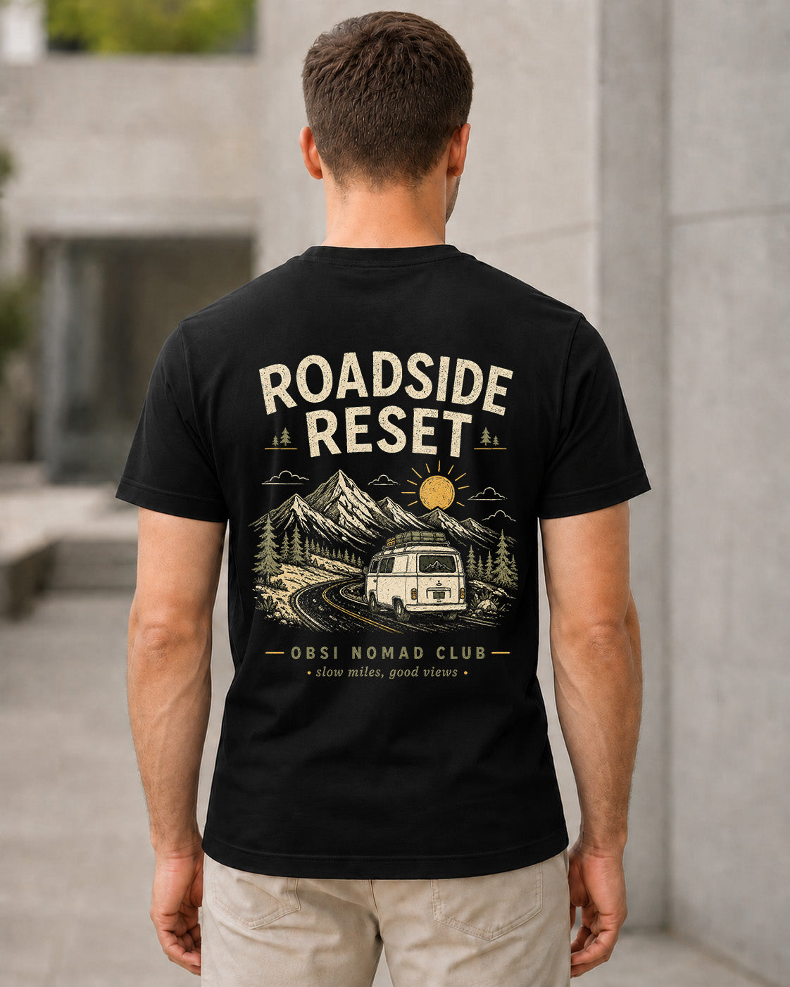 Roadside Reset T-Shirt – Bio-Baumwolle Shirt Schwarz, Rückenprint