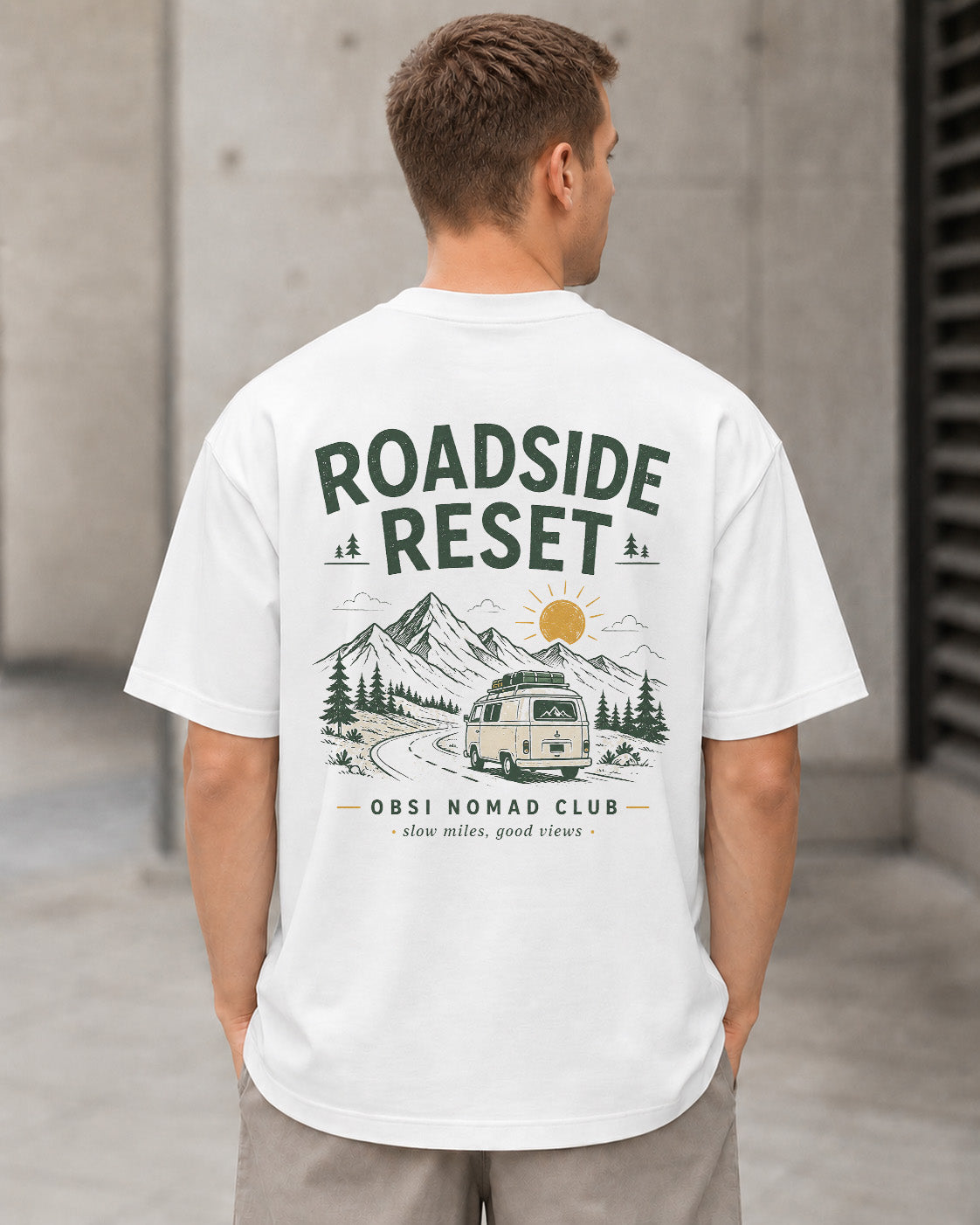 Roadside Reset T-Shirt – Heavyweight Oversize Shirt Weiss, Rückenprint