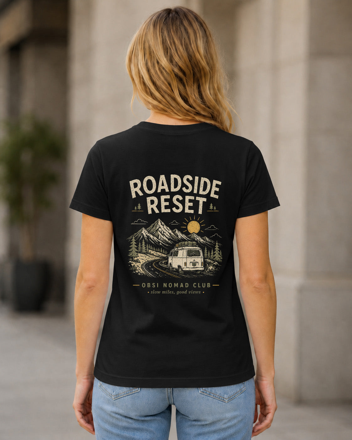 Roadside Reset T-Shirt – Frauen Shirt Schwarz, Rückenprint