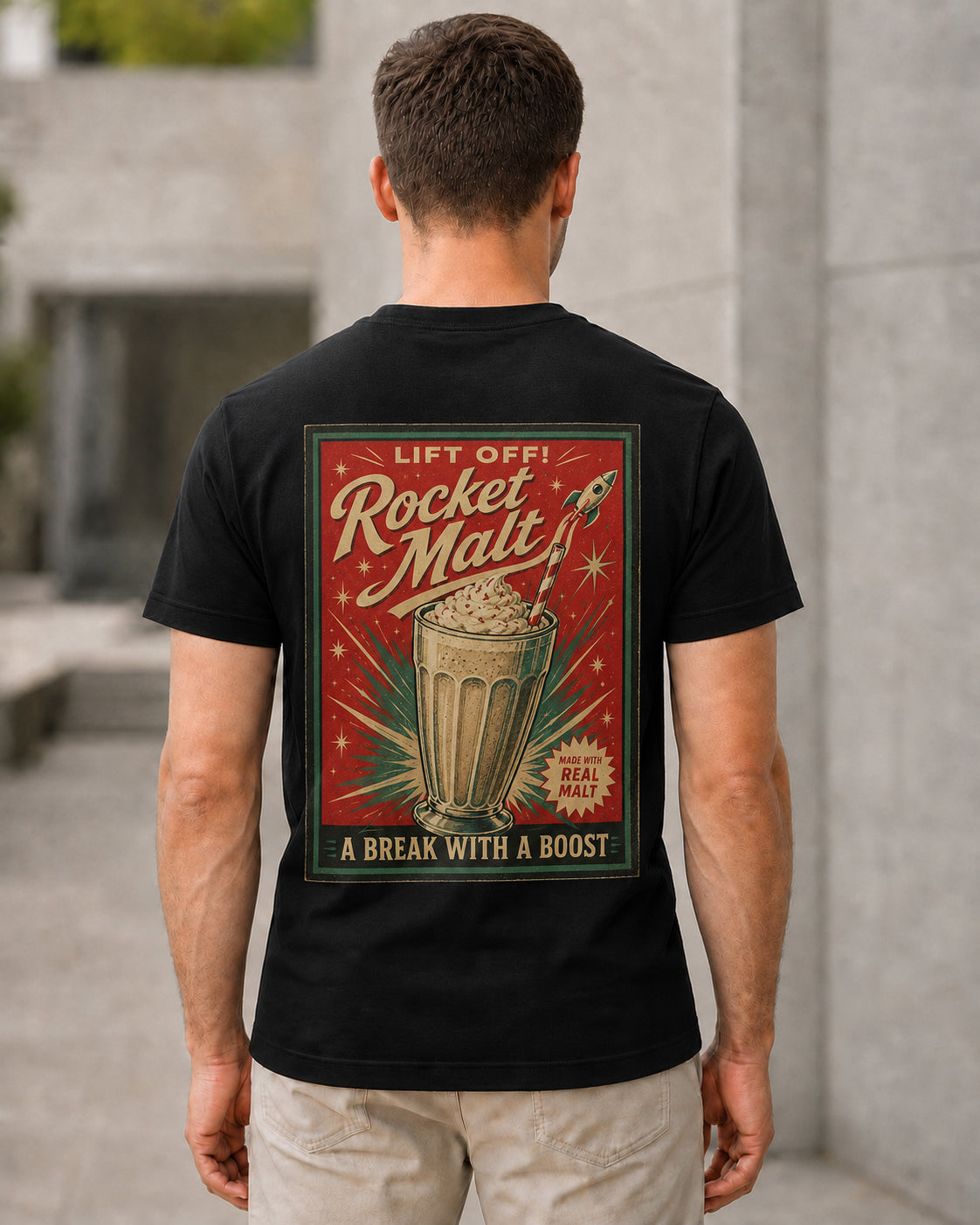 Rocket Malt T-Shirt – Bio-Baumwolle Shirt Schwarz, Rückenprint