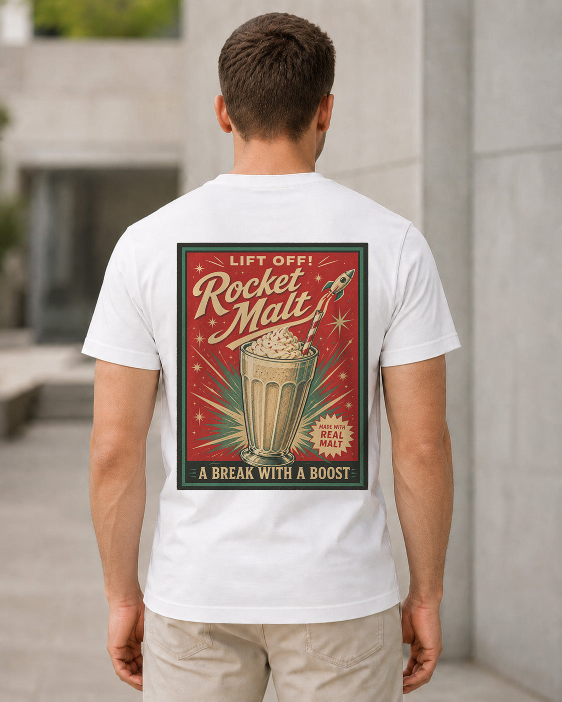 Rocket Malt T-Shirt – Bio-Baumwolle Shirt Weiss, Rückenprint