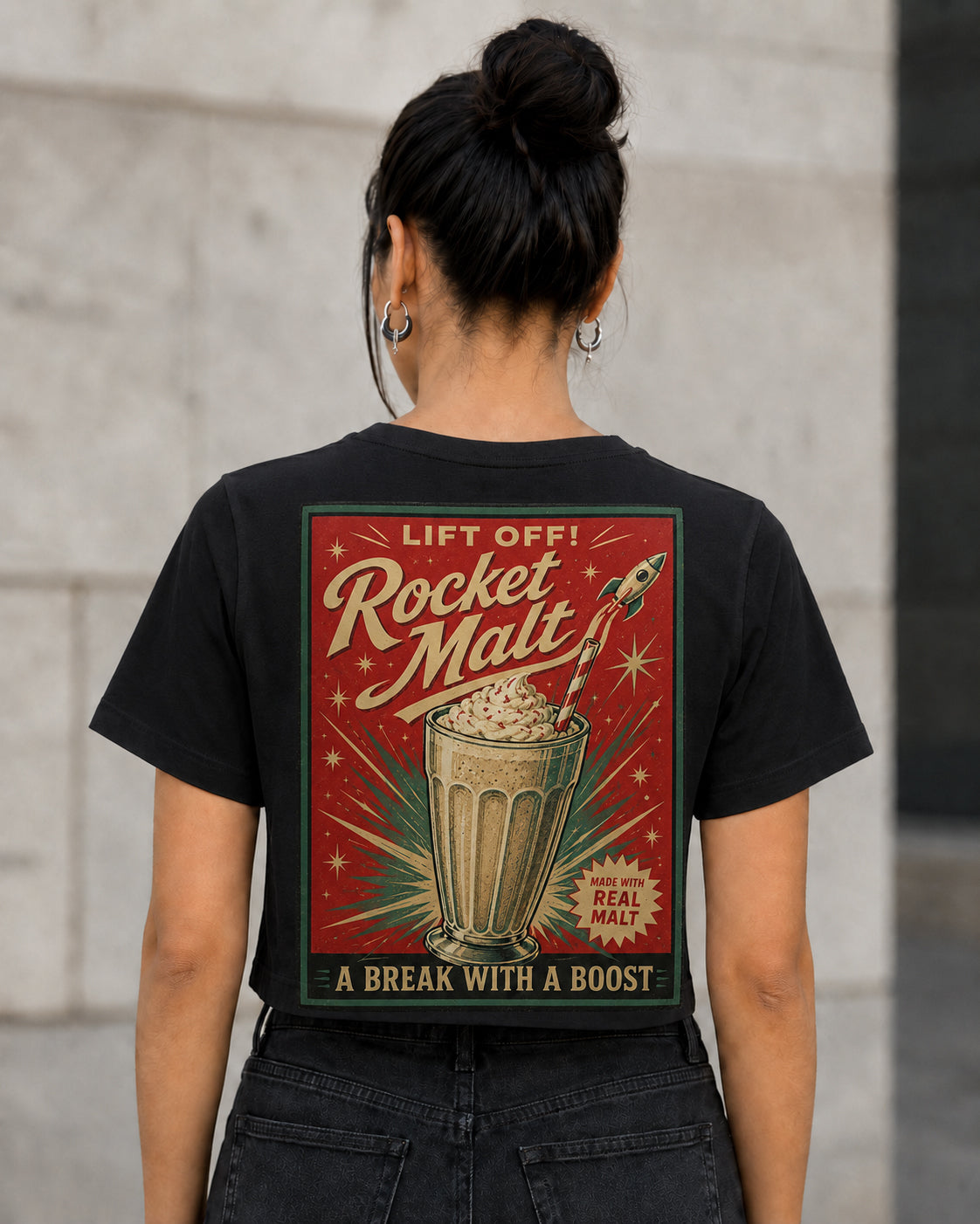 Rocket Malt T-Shirt – Frauen Crop Shirt Schwarz, Rückenprint