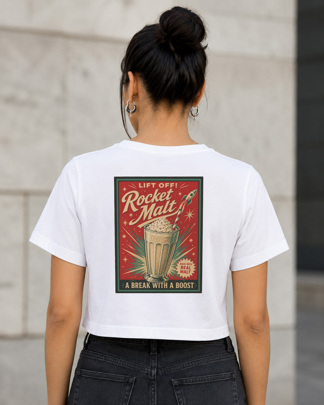 Rocket Malt T-Shirt – Frauen Crop Shirt Weiss, Rückenprint