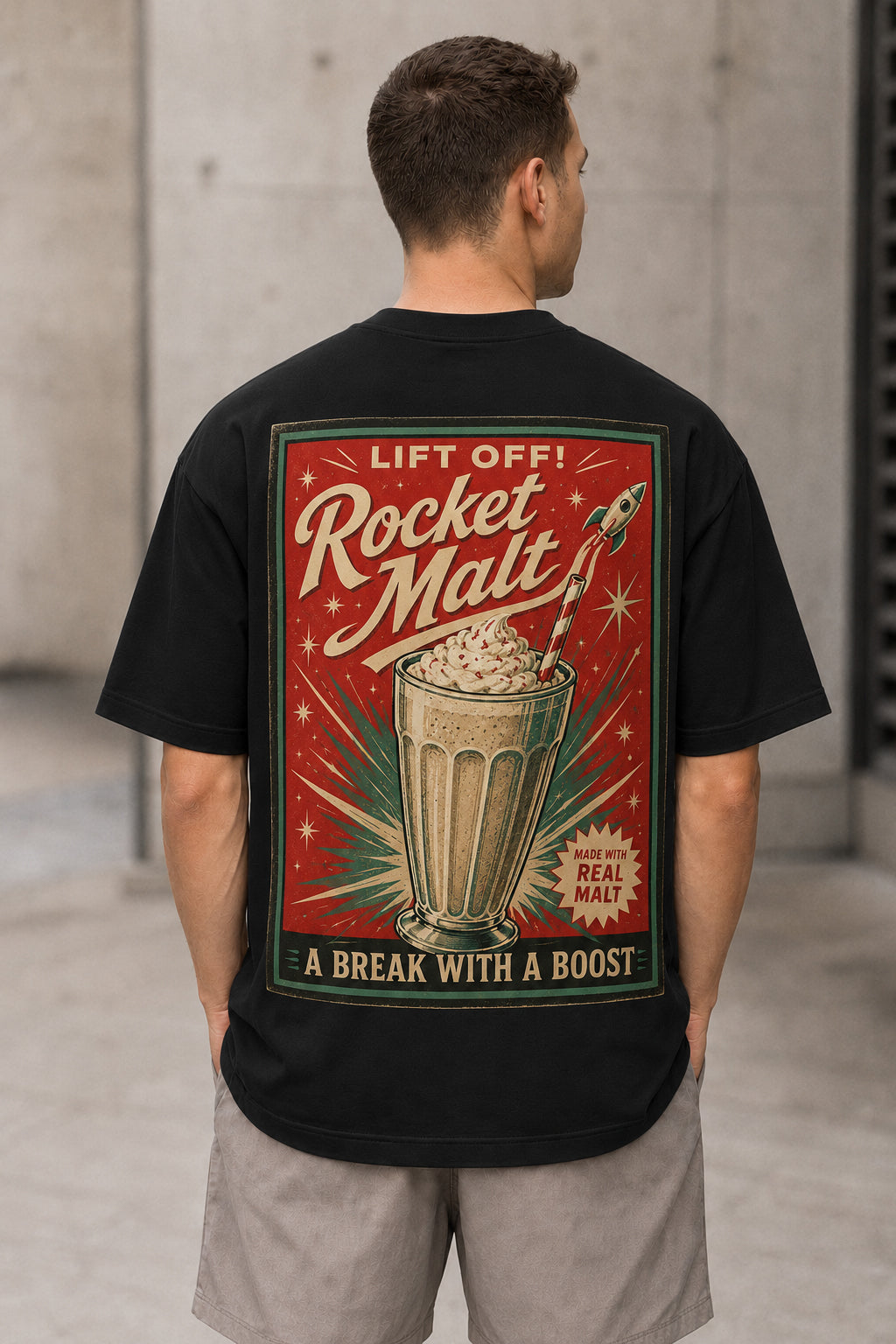 Rocket Malt T-Shirt – Heavyweight Oversize Shirt Schwarz, Rückenprint