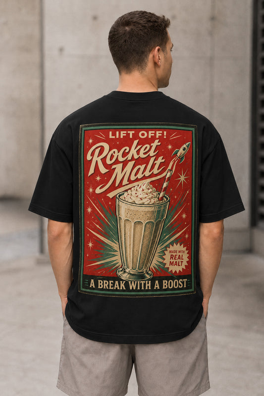 Rocket Malt T-Shirt – Heavyweight Oversize Shirt Schwarz, Rückenprint