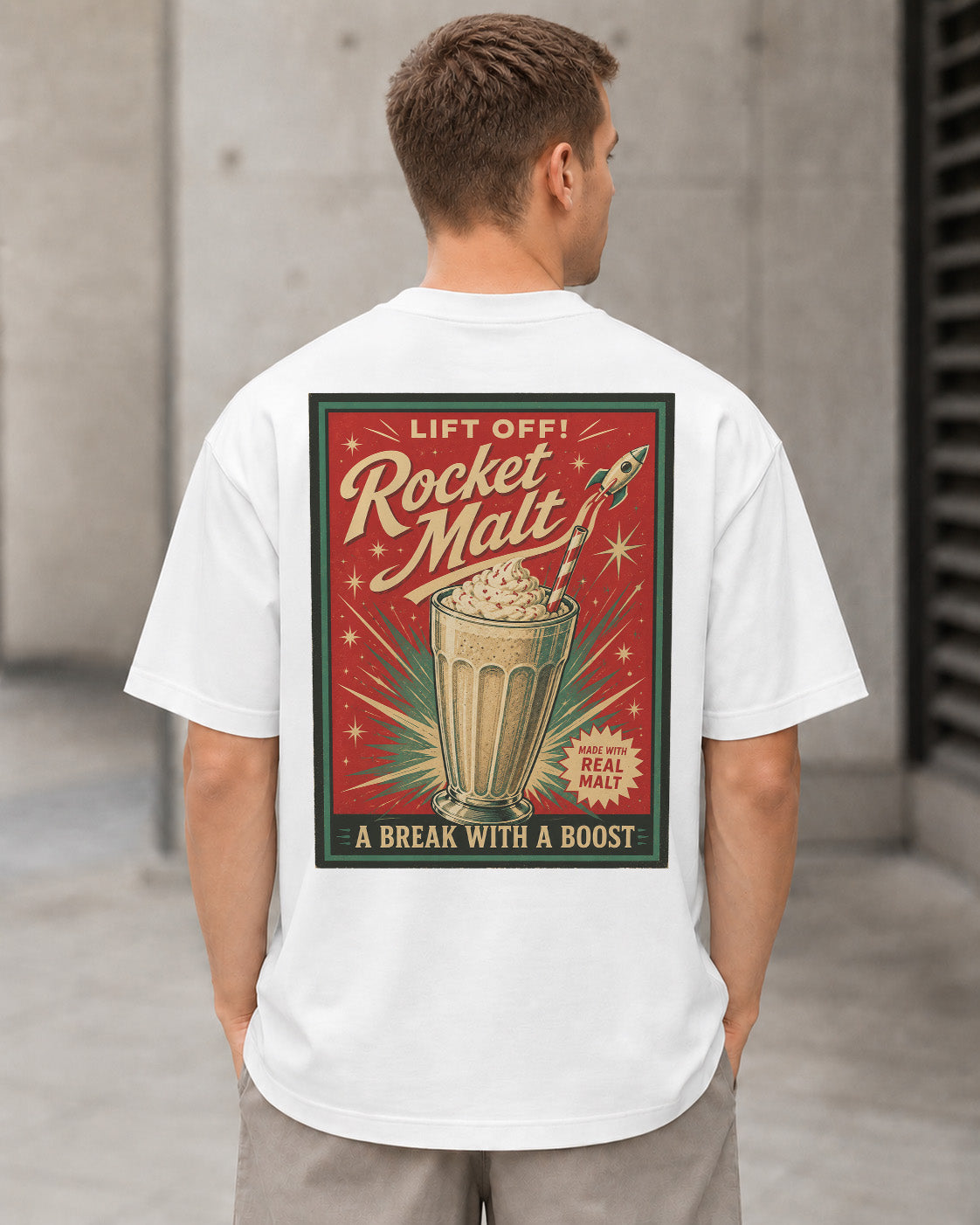 Rocket Malt T-Shirt – Heavyweight Oversize Shirt Weiss, Rückenprint