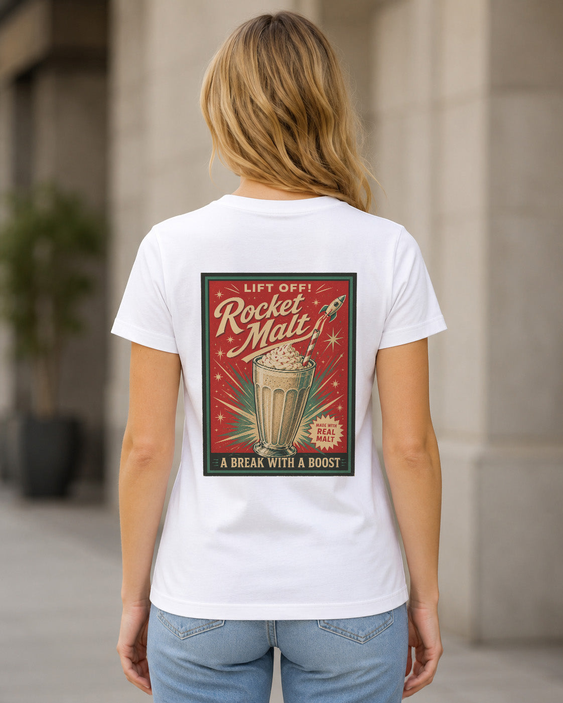 Rocket Malt T-Shirt – Frauen Shirt Weiss, Rückenprint