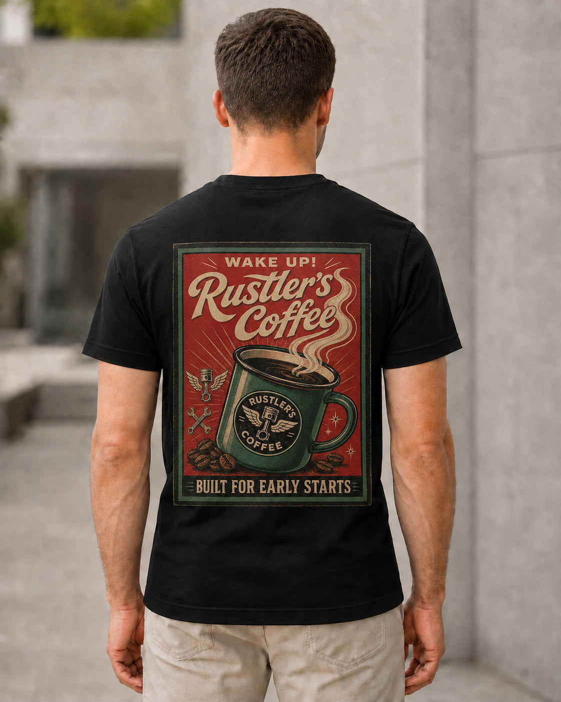 Rustlers Coffee T-Shirt – Bio-Baumwolle Shirt Schwarz, Rückenprint