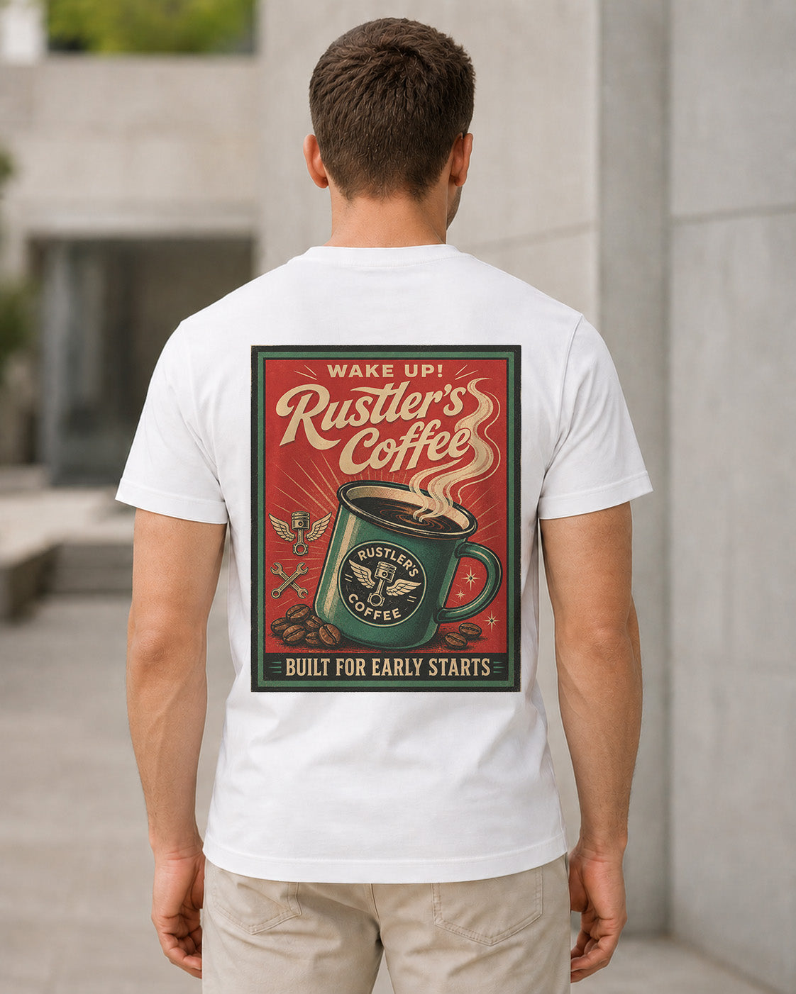 Rustlers Coffee T-Shirt – Bio-Baumwolle Shirt Weiss, Rückenprint