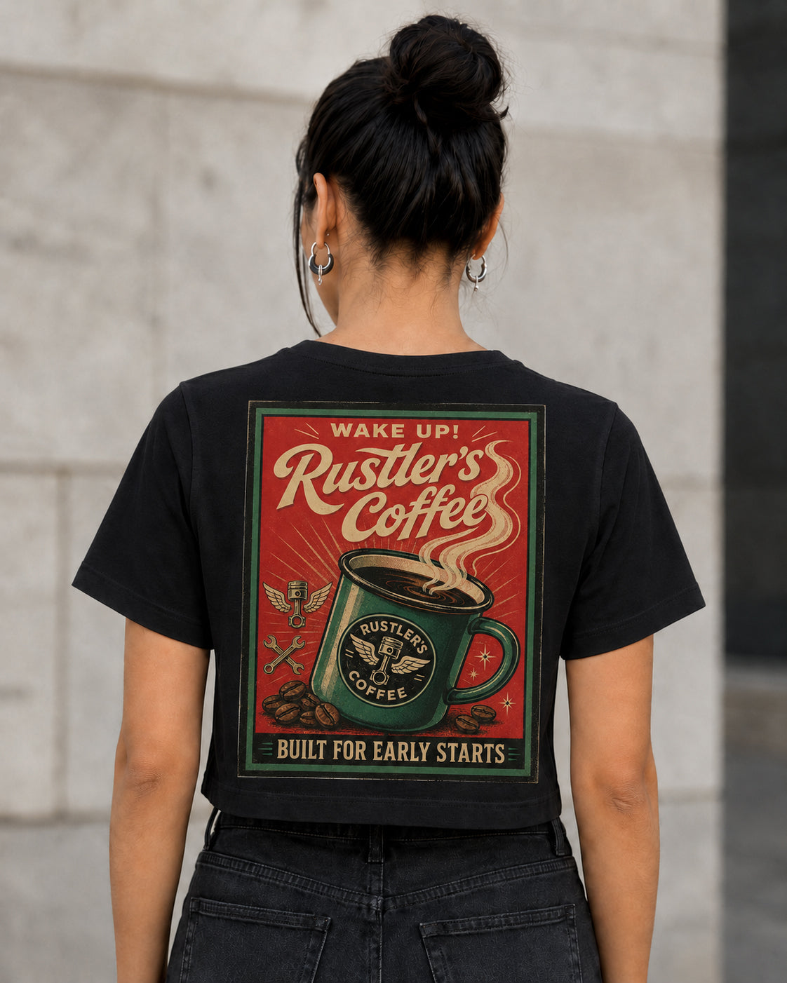 Rustlers Coffee T-Shirt – Frauen Crop Shirt Schwarz, Rückenprint