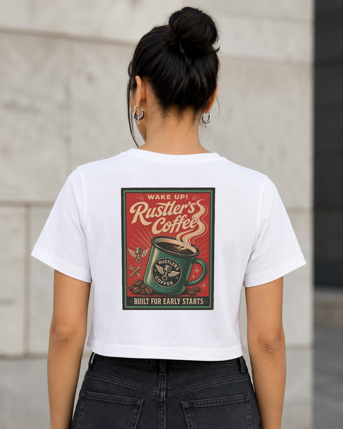 Rustlers Coffee T-Shirt – Frauen Crop Shirt Weiss, Rückenprint