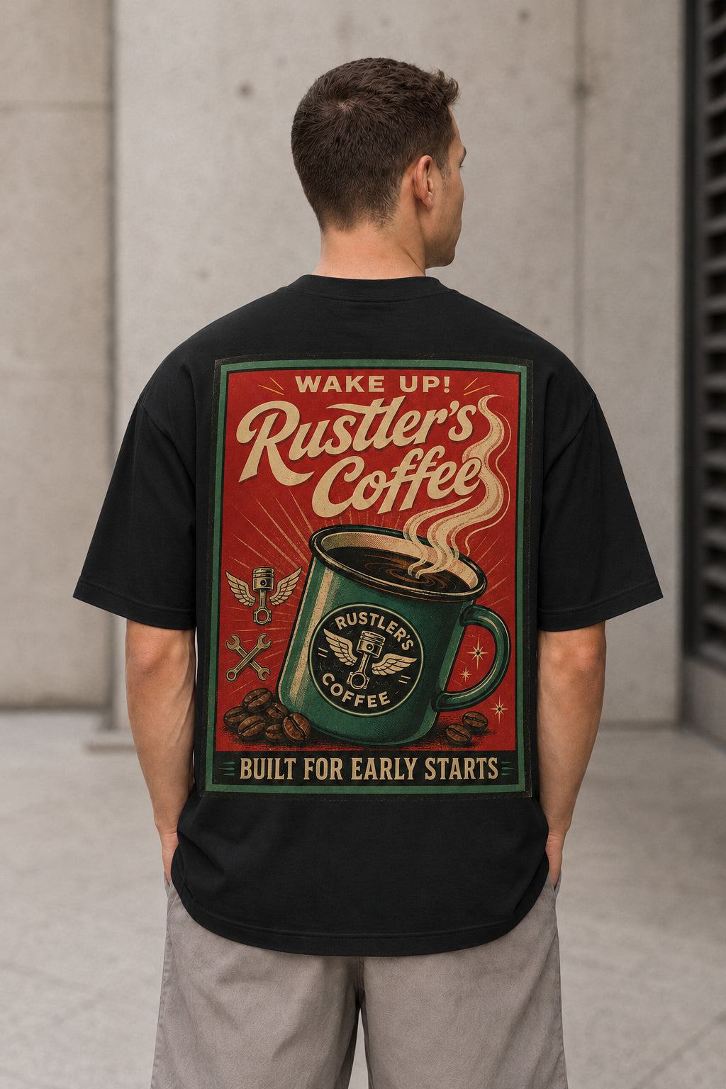 Rustlers Coffee T-Shirt – Heavyweight Oversize Shirt Schwarz, Rückenprint