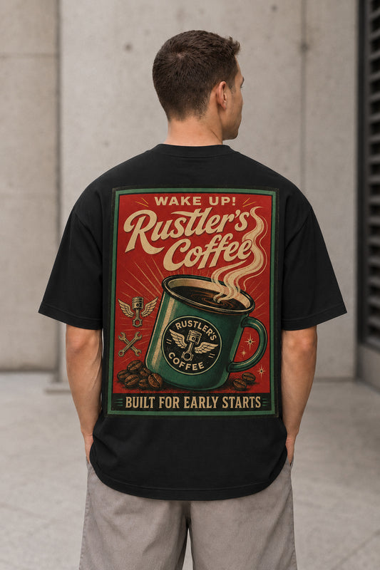 Rustlers Coffee T-Shirt – Heavyweight Oversize Shirt Schwarz, Rückenprint